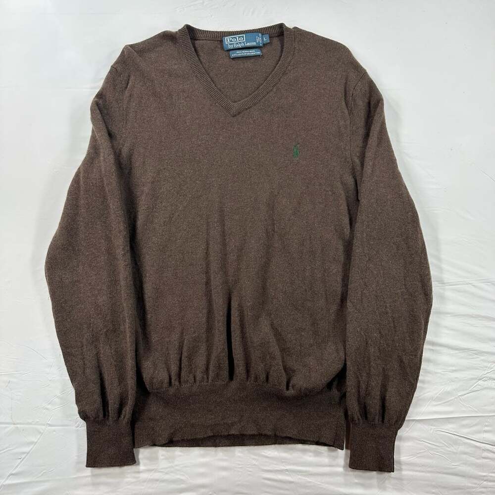 Vintage 90s Polo Ralph Lauren Merino Wool V-Neck Pullover Sweater Large Brown